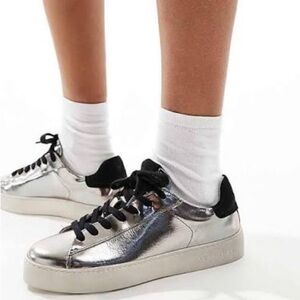 ALLSAINTS Shana Metallic Silver Low Top Shoes Trainers Sneaker Sz 8 (38) Lace Up